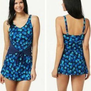 New $79 Denim & Co Beach V-Neck Swim Dress Cinch Tie Waist Blue Dot
